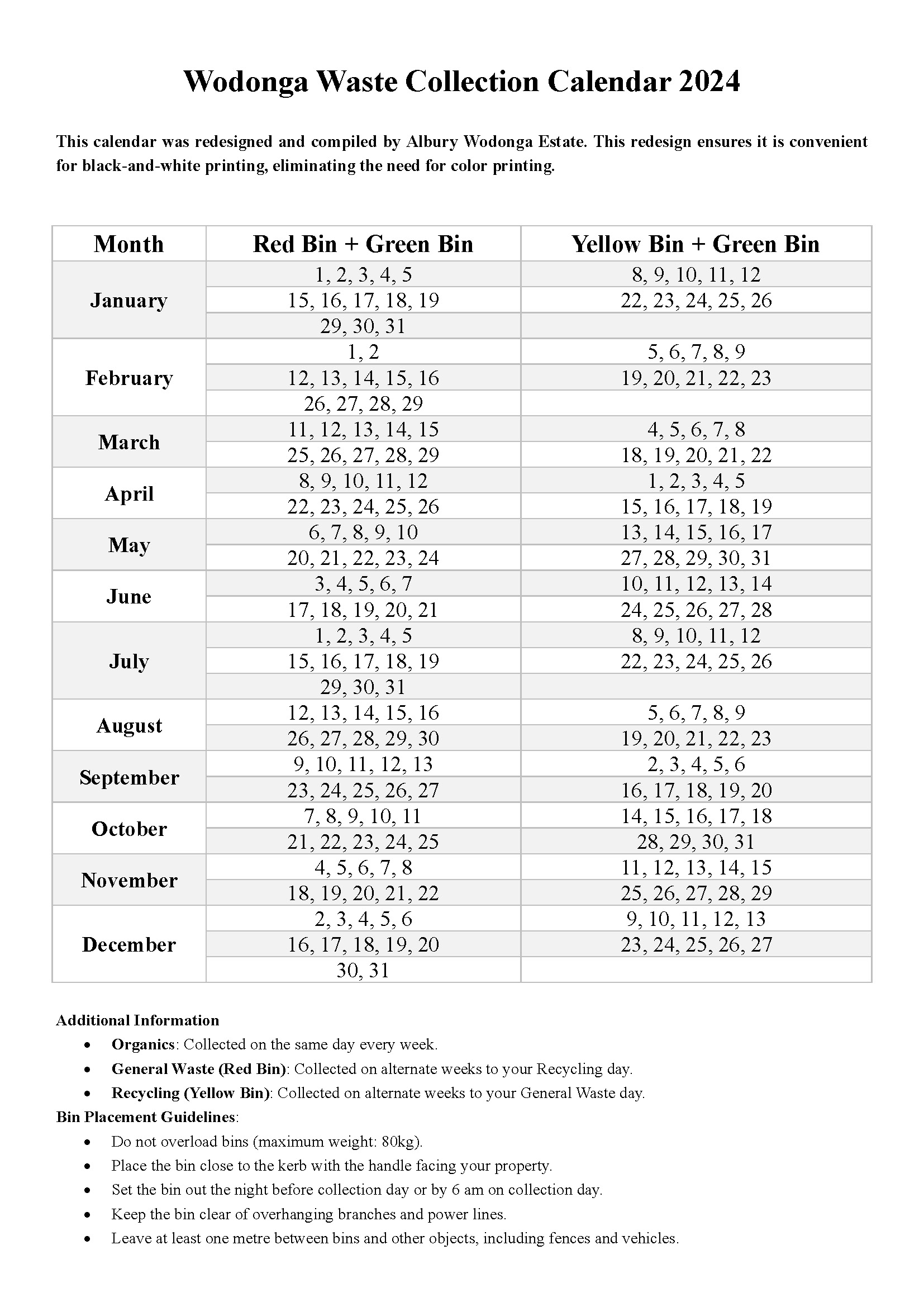 Wodonga Waste Collection Calendar 2024 PDF